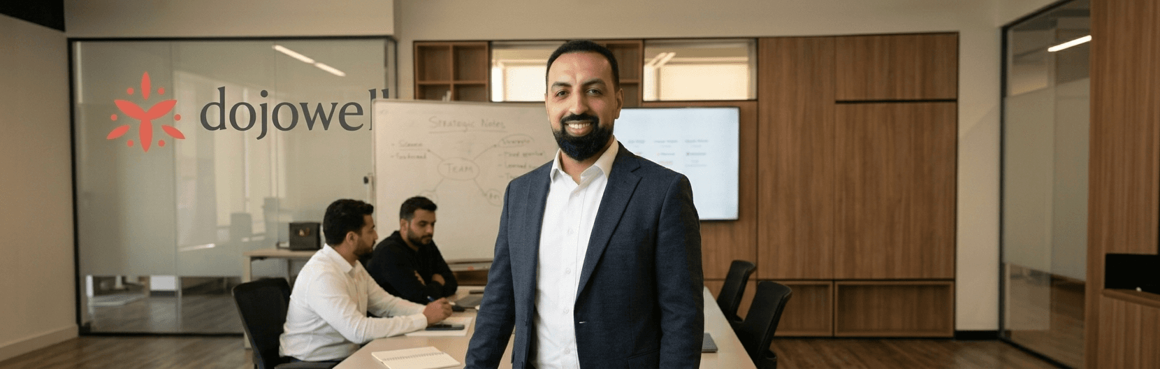 Muhammad Almunasif standing in the DojoWell strategy room, with the dojowell logo visible on the glass wall behind him and team members reviewing notes at the table.