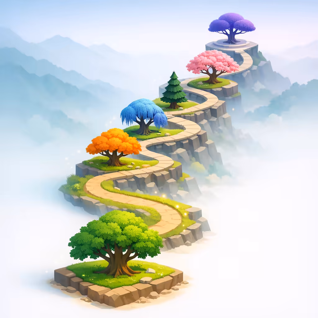Illustration of a winding path with seven trees climbing through clouds — the seven levels of the DojoWell journey